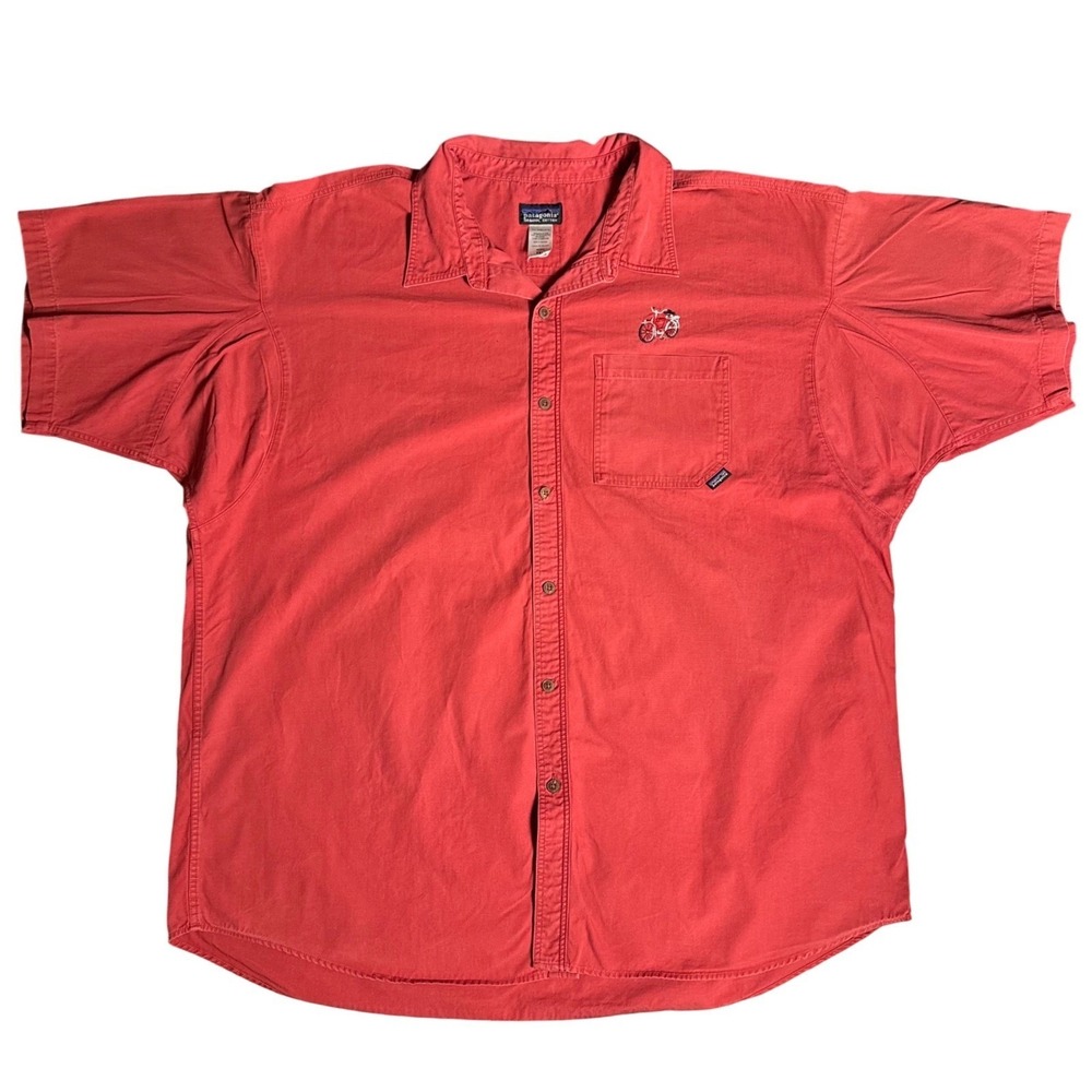 Patagonia Mens XXL Red Organic Cotton Bicycle Beer Short Sleeve Button Down